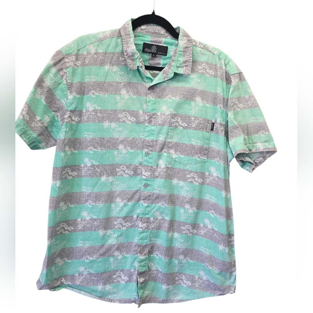 Molokai Surf‎ Co XL Hawaiian Shirt Green Stripe Tropical Cotton Button Up Aloha
